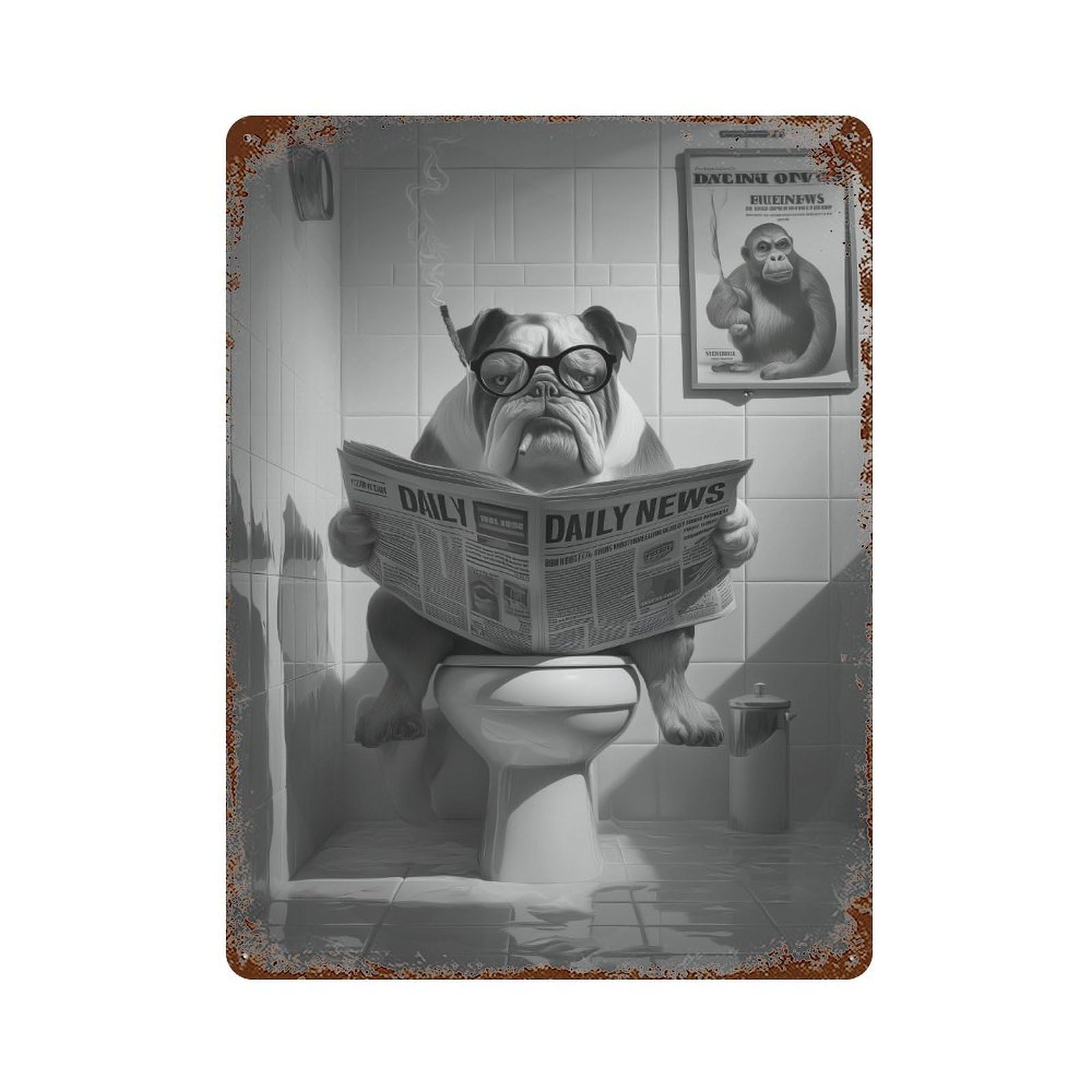 Dog Reading Newspaper in Bathroom Decorative Tin Sign 15.7"x11.8", for Bistro, Counter And Cafe Decor, Novelty Wall Decor