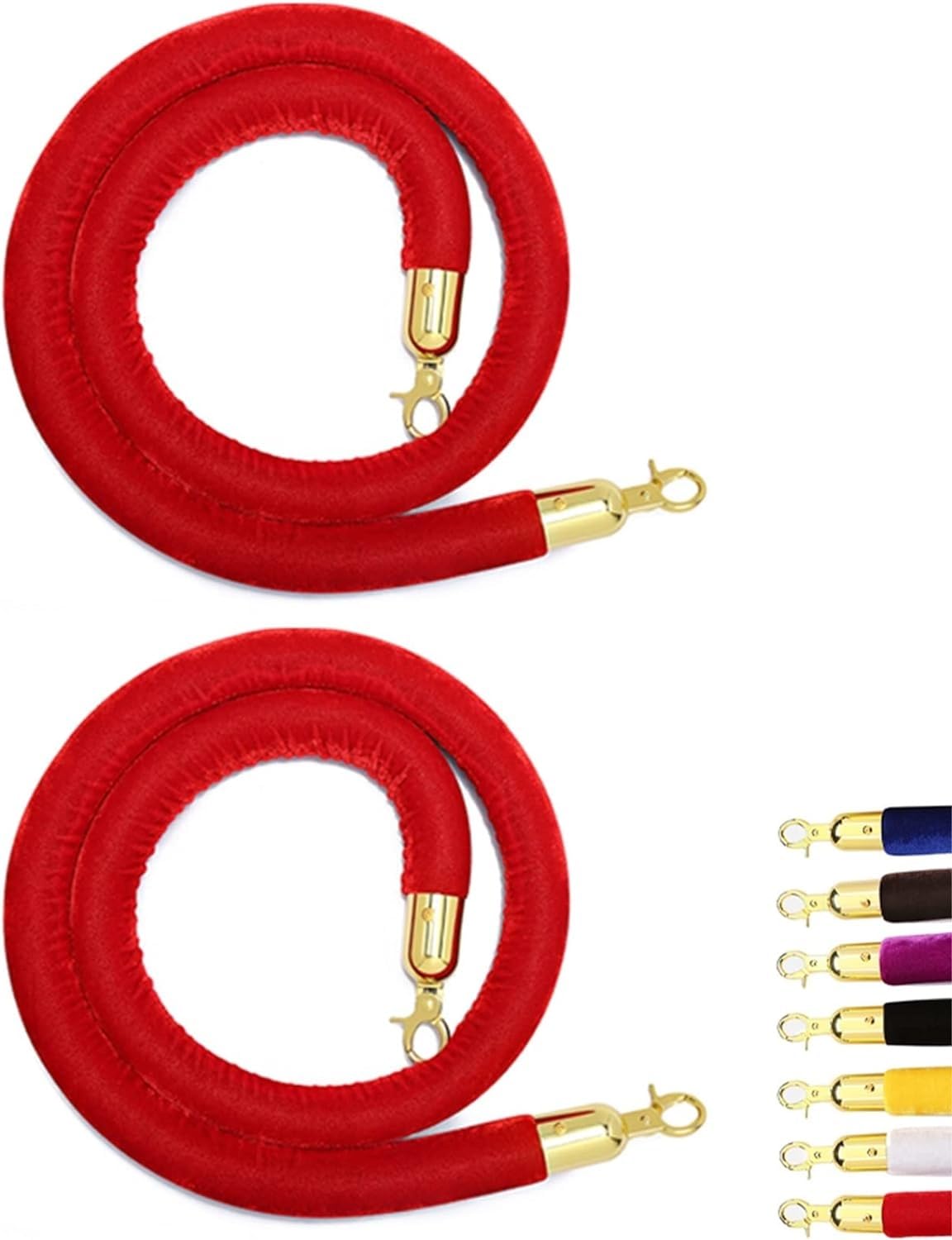 Crowd Control Rope, VIP Red Rope Barrier with Gold Stainless Steel Hooks - 2-Pack Twisted Flannel Post Rope for Queue Management/Hotels, 3m Long