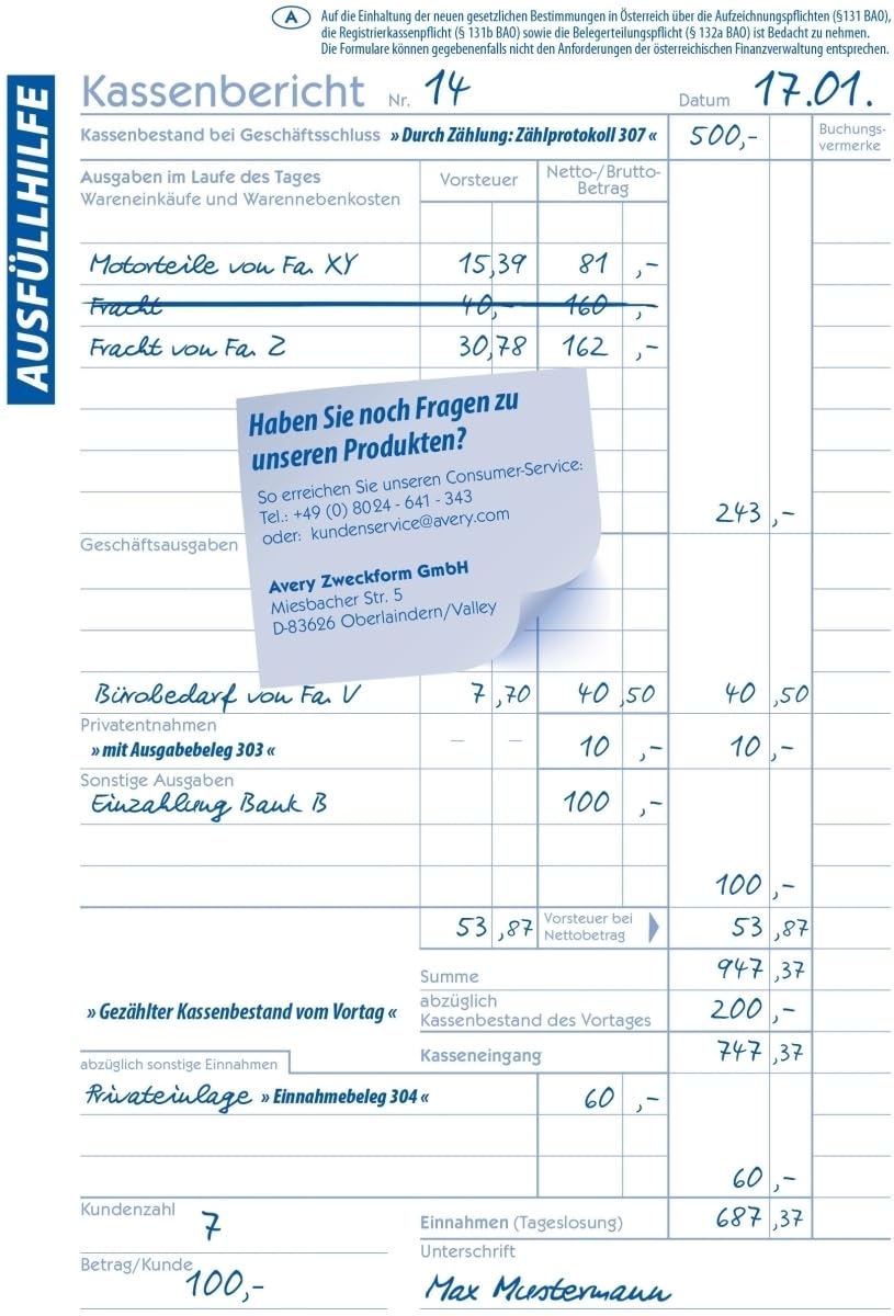 AVERY Zweckform 10 x Formularbuch Kassenbericht A5 VE=50 Blatt mit Ausfüllhilfe