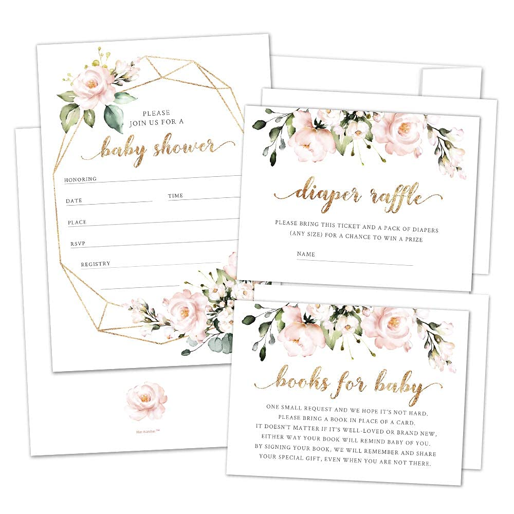 Zestaw 25 różowych kwiatowych zaproszeń na baby shower, bilety na pieluchy i kartki z prośbą o książkę z kopertami od Hat Acrobat | To dziewczęce zaproszenia boho na imprezę ujawniającą płeć lub