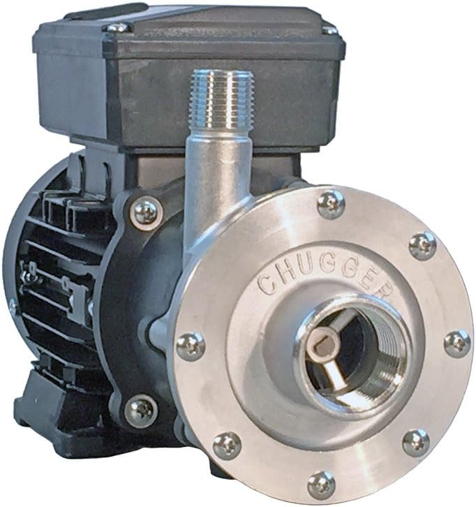 CHUGGER PUMP® Max Series TCPSSMAX-CI Stainless Steel 115/230 Volt Brew Pump for Small Breweries, 55” Cord NO Plug, SS Center Inlet 1” FPT x Outlet 1/2” MPT, USFDA Food Compliant Materials; UL Recogniz