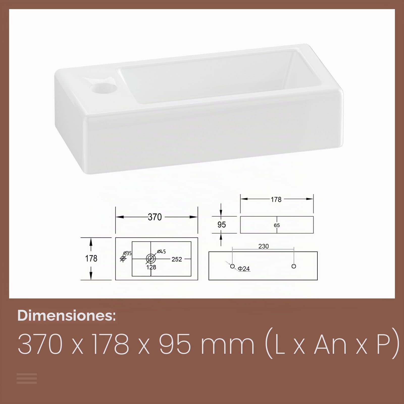 EMKE Lavabo de pared pequeño de esquina rectangular de cerámica para baño, 36 x 18 x 9 cm (largo x ancho x alto) – Un agujero para grifo izquierdo