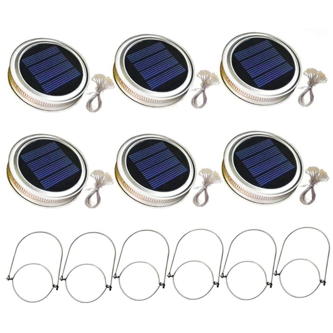 NIDONE 6PCS Hanging Jar Lights,Solar Mason Jar Lid Light with 2m String Lights Handle 20 LEDs Hanging Lantern Lamp for Garden Decoration Warm Light