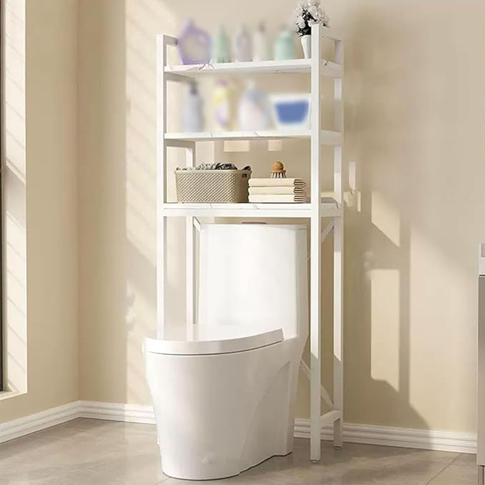 Multi Tier Over The Toilet Storage, Multi-Functional Over Toilet Bathroom Organizer with Open Shelf, Freestanding Metal Frame Storage Rack for