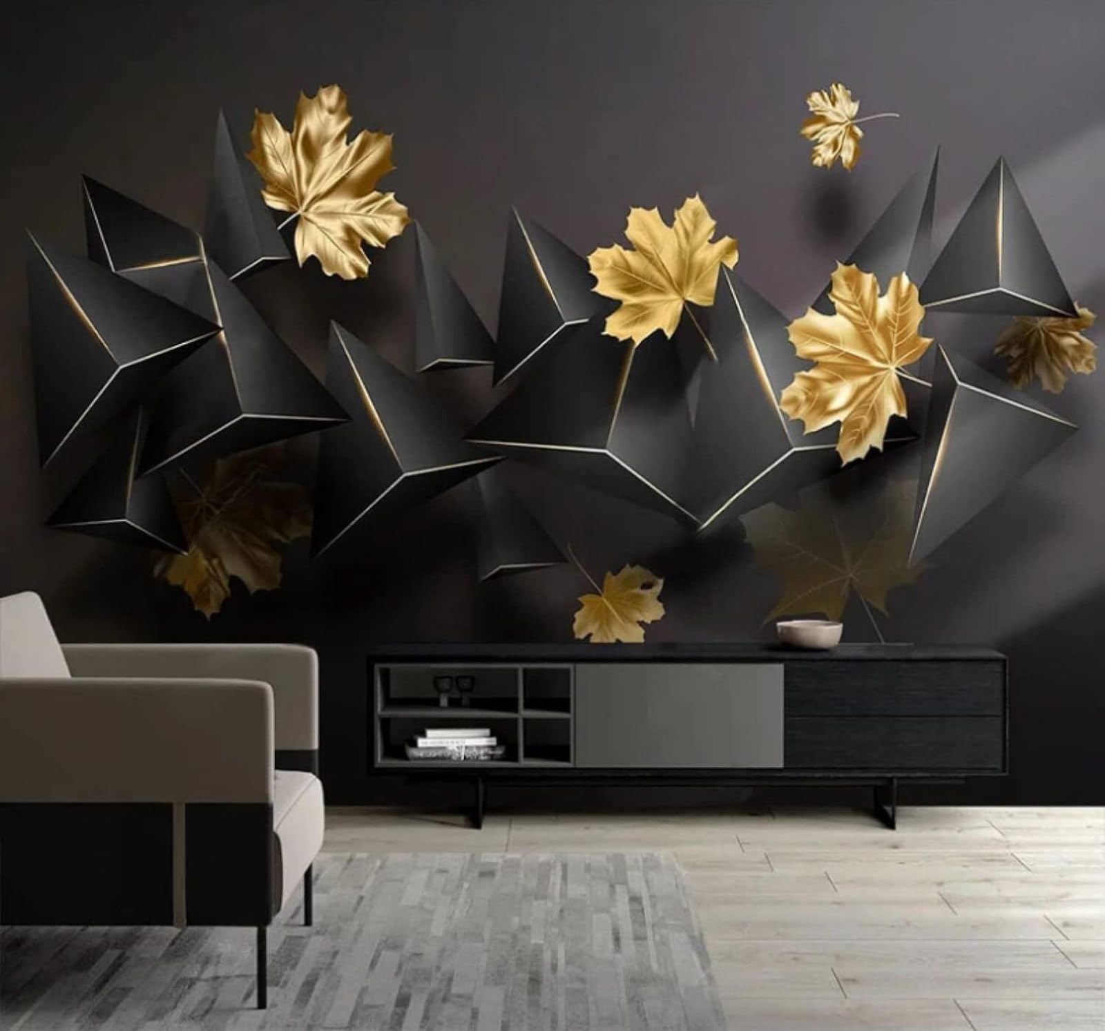 XLMING Three Dimensional Black Geometric Gold Maple Leaves 3D Wallpaper Luxury Home Dining Decor Paste Sofa Living Room The Wall for Bedroom Mural-250cm×170cm