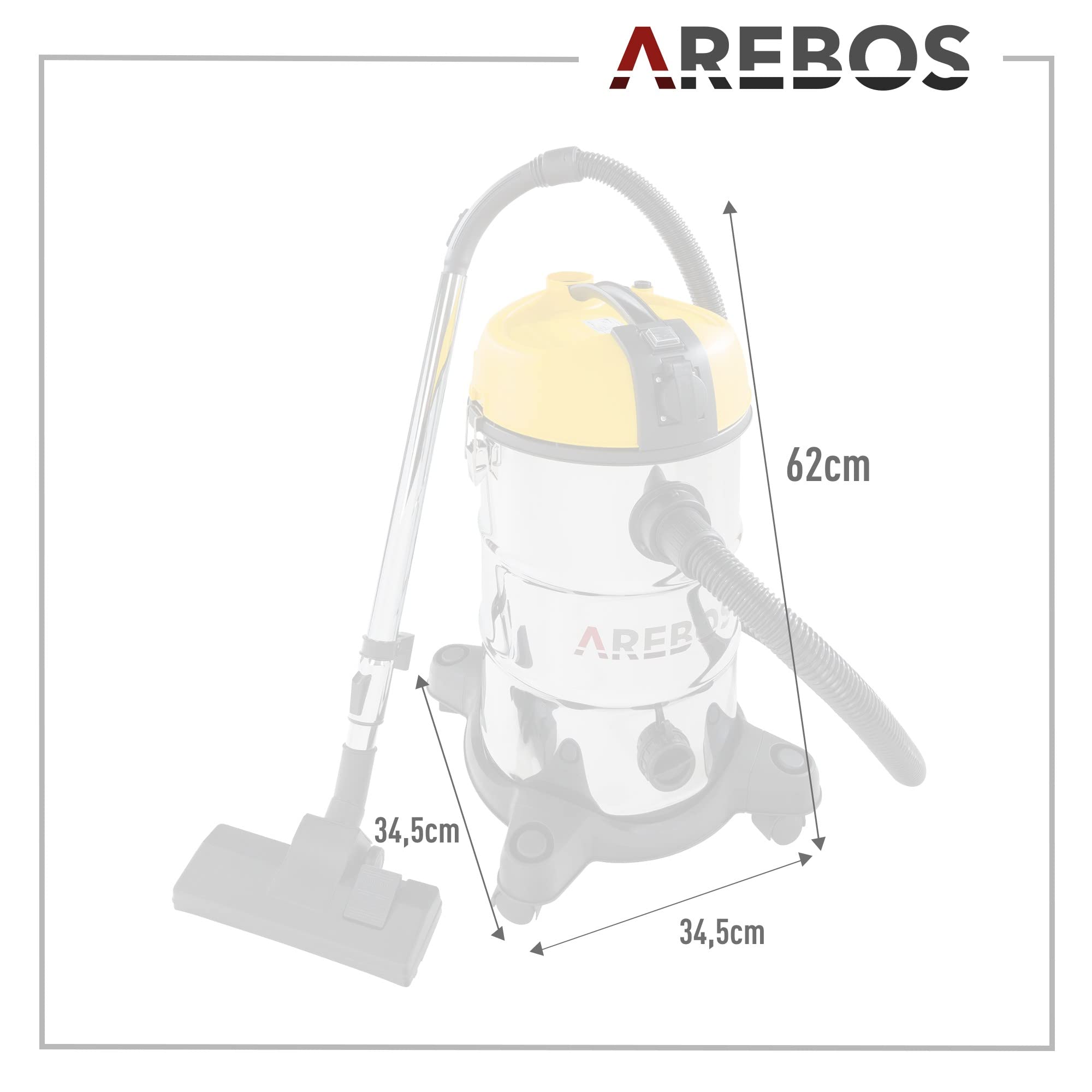 AREBOS Aspirapolvere industriale 1300 W secco e umido 30 L | Bidone aspiratutto e aspiracenere | Adatto per polvere, liquidi e pulizia auto | Giallo