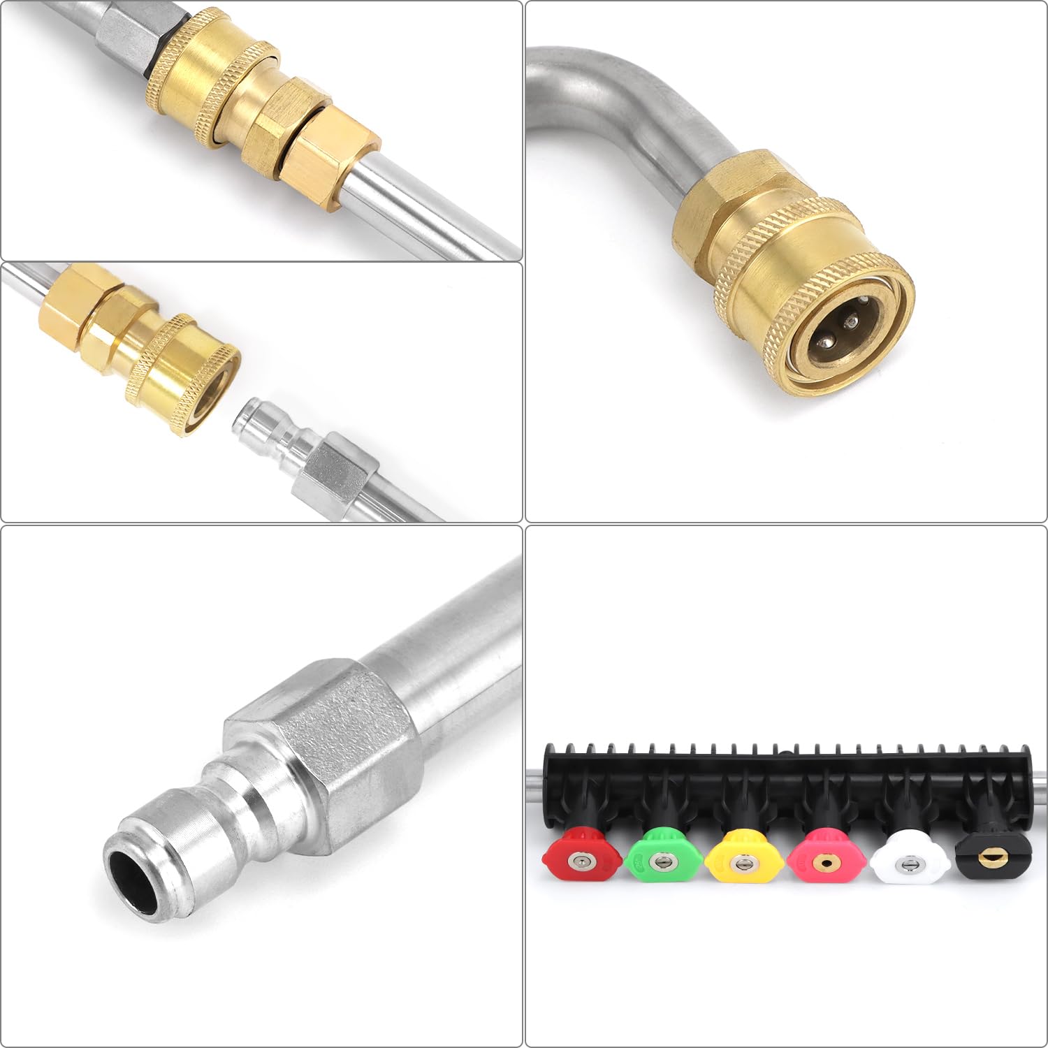 QWORK® Barres d'extension pour nettoyeur haute pression, 4000PSI, avec 6 embouts de buse, 10 anneaux en caoutchouc, raccord rapide 1/4", accessoires de lavage