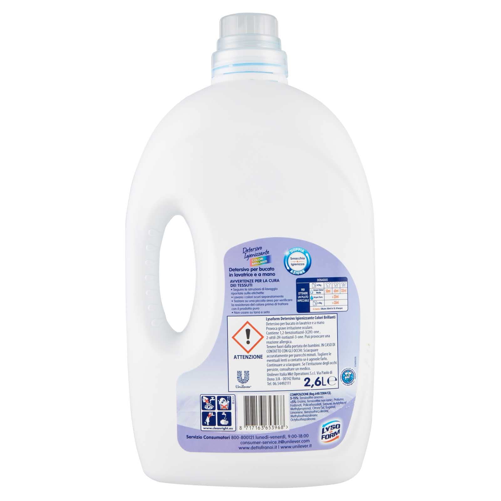 4x Lysoform Detersivo Igienizzante Colori Brillanti Doppia Azione Per Capi Colorati e Lavaggi a Mano o in Lavatrice Smacchia e Igienizza il Bucato Fragranza Fresca - 4 Flaconi da 2,6 Litri