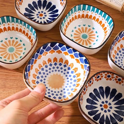 Chinglean 3,2 Oz Ceramic Dipping Bowls Sets of 6, Bohemian Small Bowls for Sauce, 3.7 Inch Mini Appetizer Plates for Soy Sauce, Sushi, Condiments & Side Dishes, Microwave & Dishwasher Safe (6)
