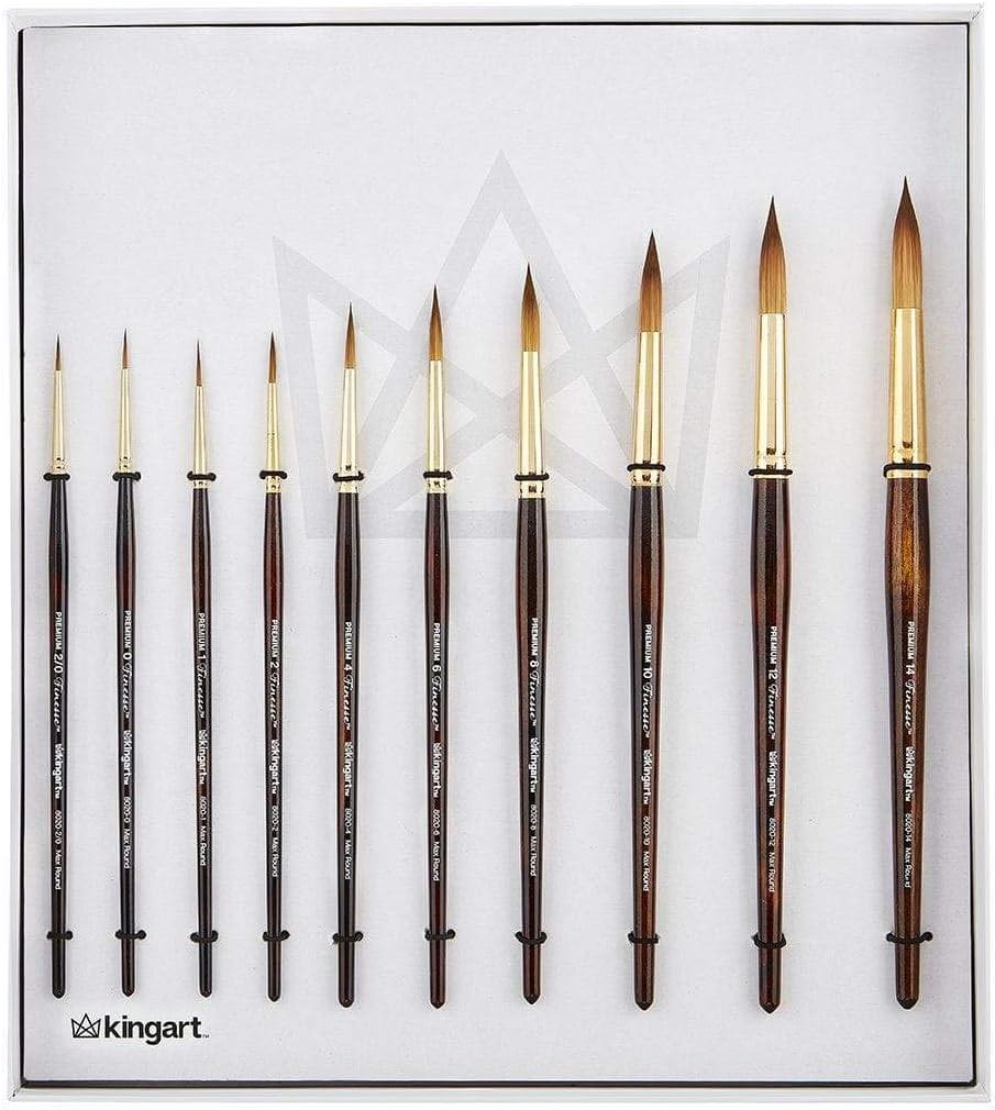 KINGART 1010C Premium 10 Pc. / Sizes Finesse 8020 Series Ultra Round Watercolor Artist Brush Set, Synthetic Kolinsky Sable Blend, Short Handle, Gift Boxed