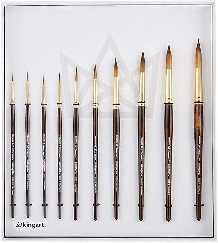 KINGART 1010C Premium 10 Pc.  Tamaños Finesse Serie 8020 Ultra Round Juego de pinceles para acuarela, mezcla sintética Kolinsky Sable, mango corto,