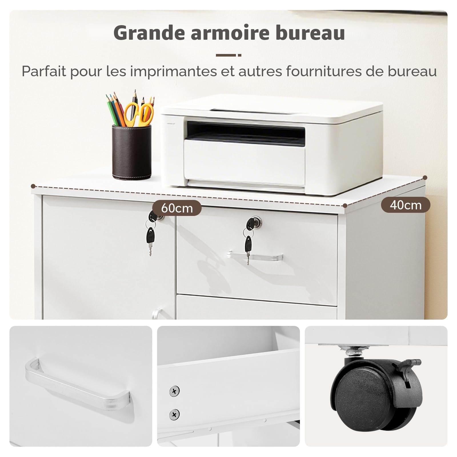 TUKAILAi Caisson de Bureau Mobile à 4 Tiroirs, Support Imprimante Mobile Classeur avec roulettes, Armoires de Rangement 2 Tiroirs Verrouillable, Format A4 Dossiers Suspendus (Blanc)