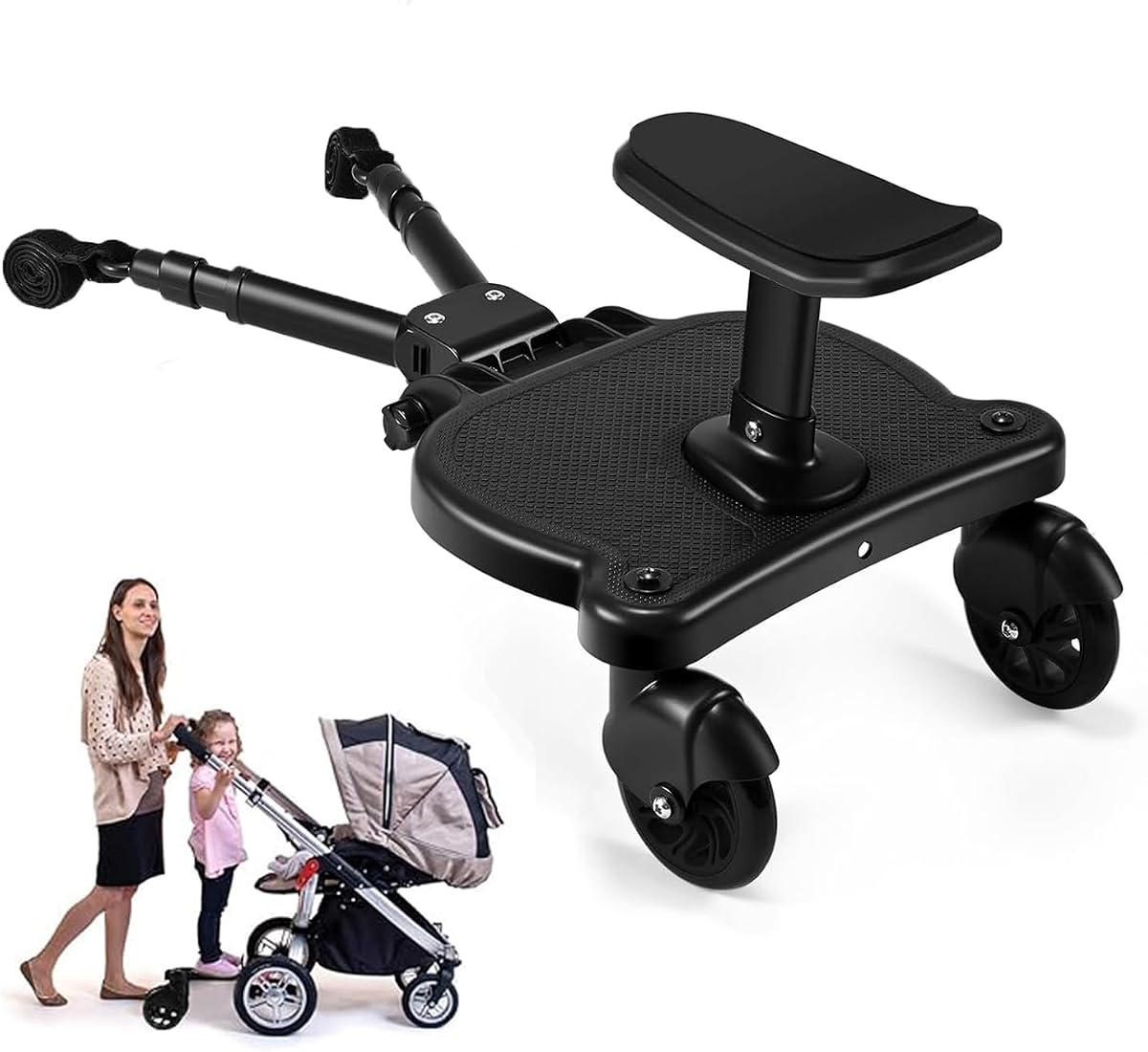 Tabla para cochecito con asiento desmontable, tabla para cochecito compatible con la mayoría (no todos) los cochecitos, verifique la compatibilidad antes de comprar, soporta hasta 55 libras (negro)