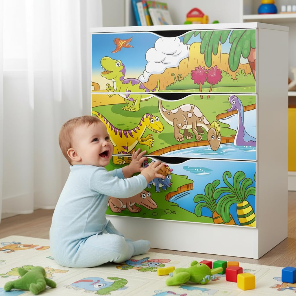leomark cassettiera in legno 60 x 42 x 78 cm, comò con cassetti Roma, armadietto per camera da letto casa, scuola materna, asilo nido, stile scandinavo, mobiletto con stampa UV Dinosauri
