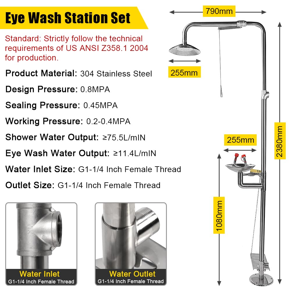 Station de Lavage des Yeux en Acier Inoxydable 304, Douche D'urgence, Station de Lavage des Yeux D'urgence avec Douche, Ensemble de Douche Oculaire de Laboratoire