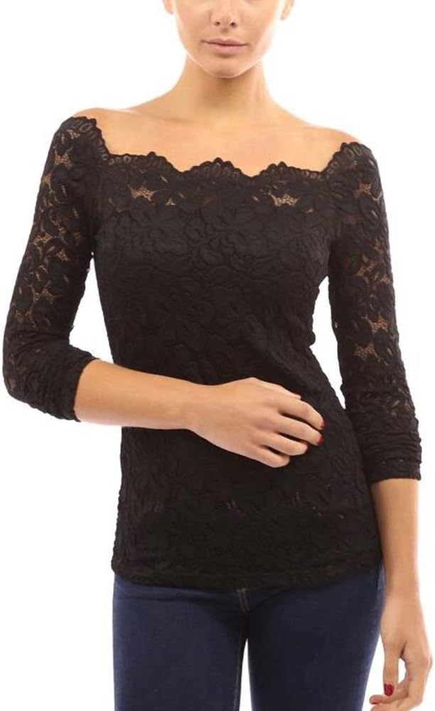Sakananiki Women's Off Shoulder Floral Lace Top Long Sleeve Crochet tight Shirt (S, Black)