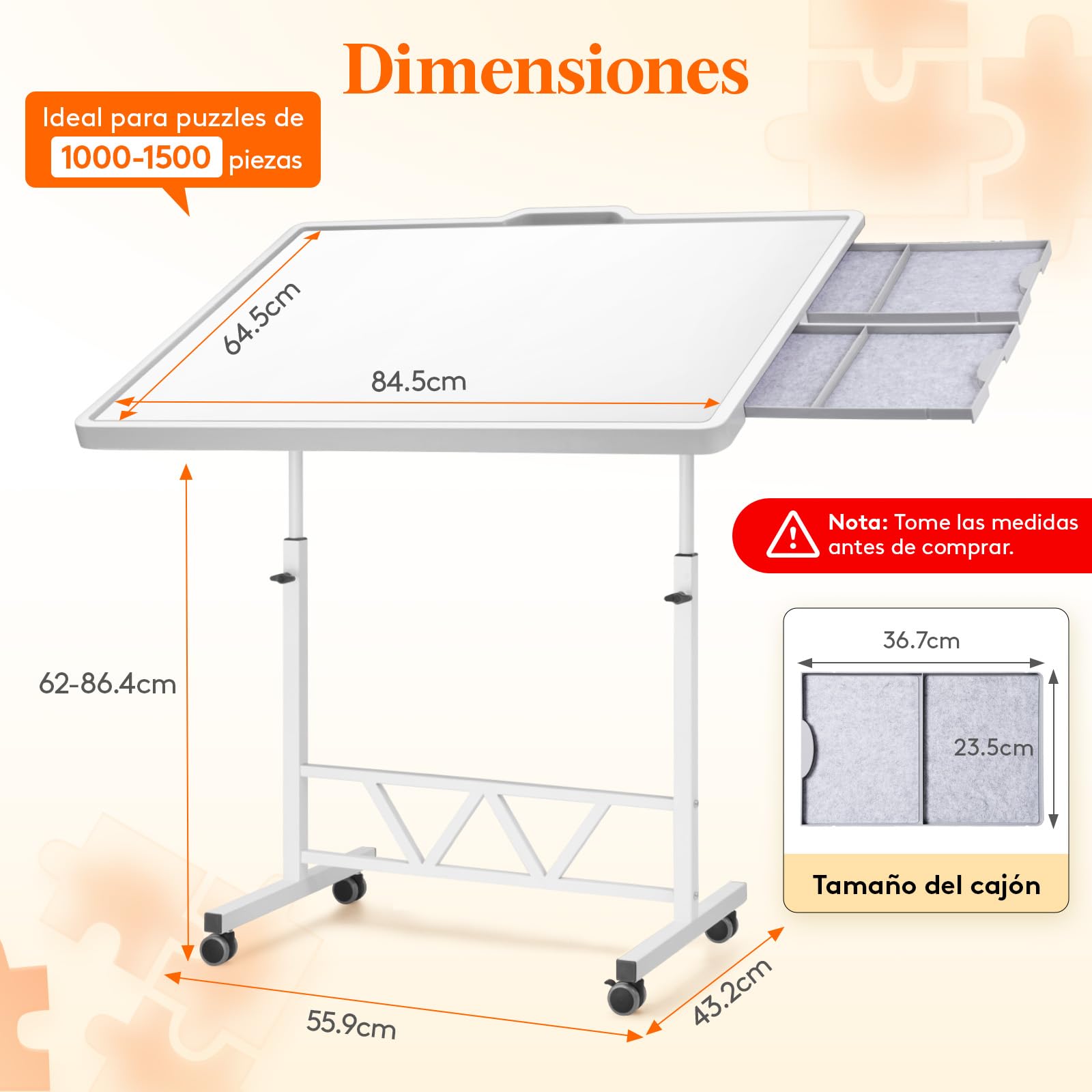 Lifewit 1500 PCS Mesa Puzzle Móvil con 4 Cajones, Tablero para Puzzle con Tapa, Estantes de Fieltro y Soportes Inclinables, Mesa de Rompecabezas Ajustable con Ruedas