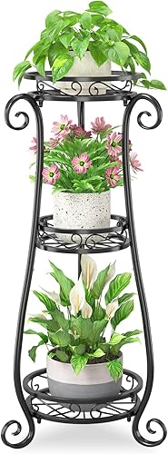 iDavosic.ly Soporte de metal para plantas de 3 niveles para interiores y exteriores, estante alto de hierro forjado, estante vertical resistente de