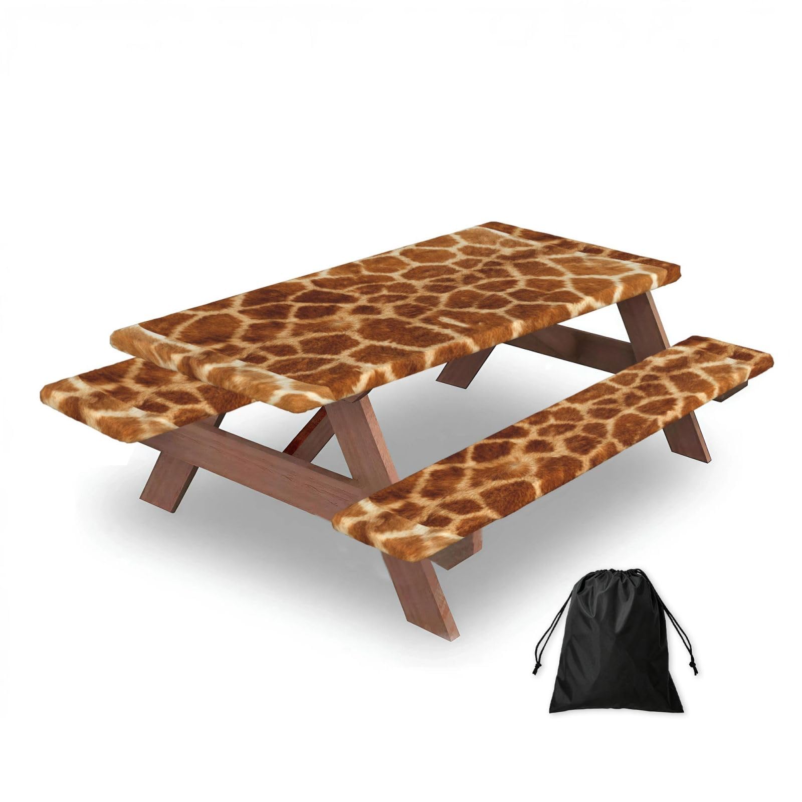 Dopklna As Picture Giraffe Pattern, Picnic Table Cover With Bench Covers -Waterproof Elastic Fitted Tablecloth For Garden Camping Patio 76X152cm