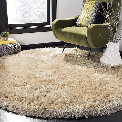 Image of Premium Round Shaggy Carpet Plain Fur Rugs Under Chair 4x4 Feet Microfiber & Polyster Modern Interior Floor Mat Beige