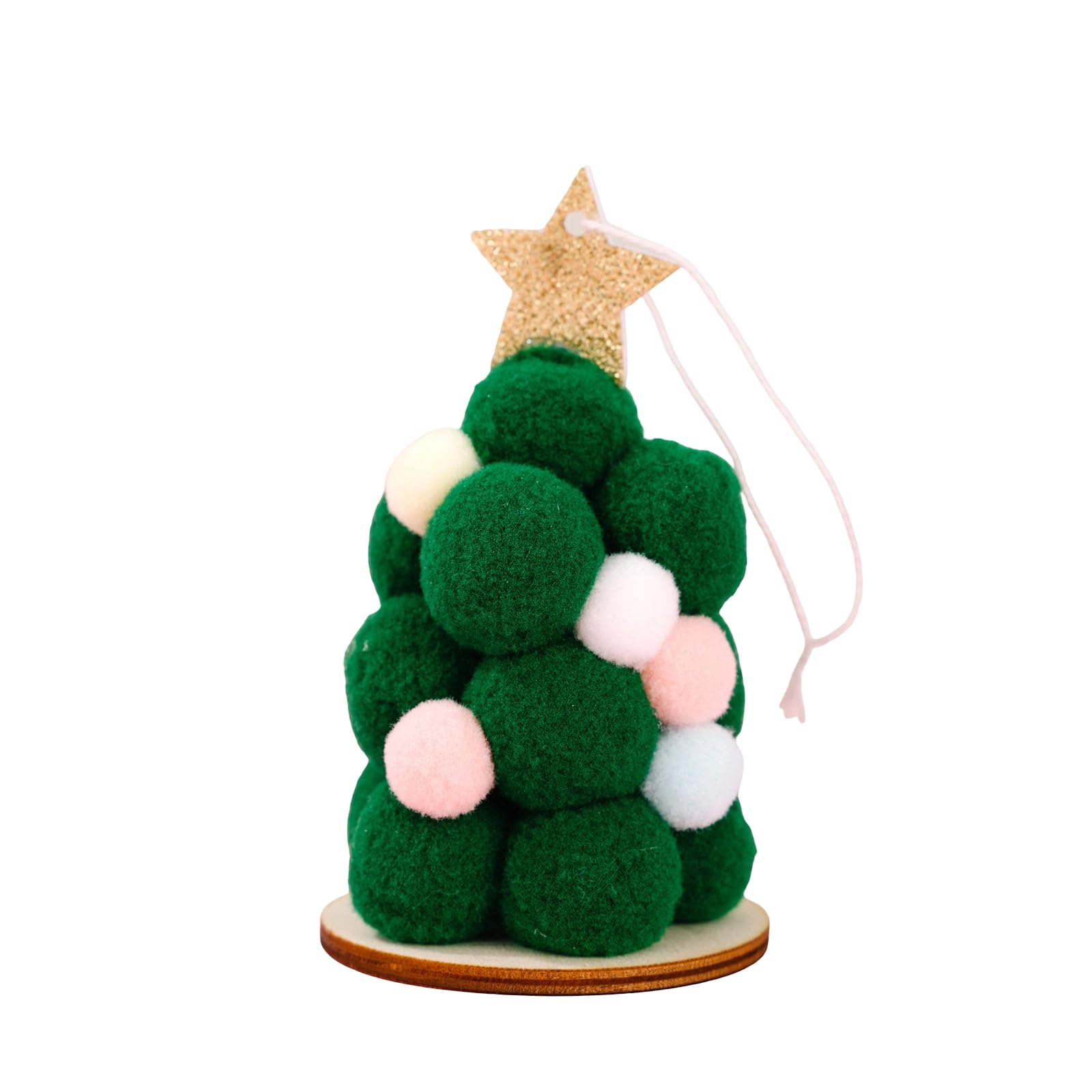 Holiday Christmas Tree Ornament, Plush Ball Decor with Wood Base and Star Accent for Seasonal Home Display Accent Plush Ball Tree Ornament Holiday Cord Wooden Base Star Top Festive Home Party Mantel