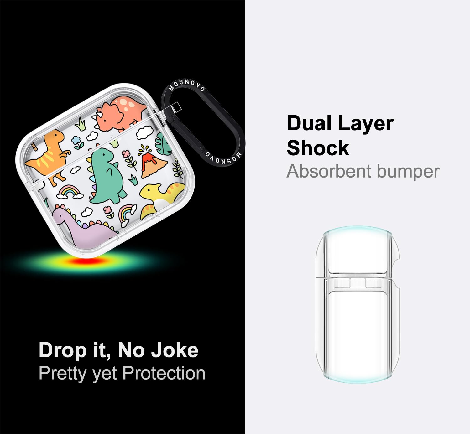 MOSNOVO Case for Airpods 4, Protective Clear Case with Shockproof Dual Layer Hard Luxe Metal Ring Designed for Airpods 4 Generation - Dinosaur Land - 4