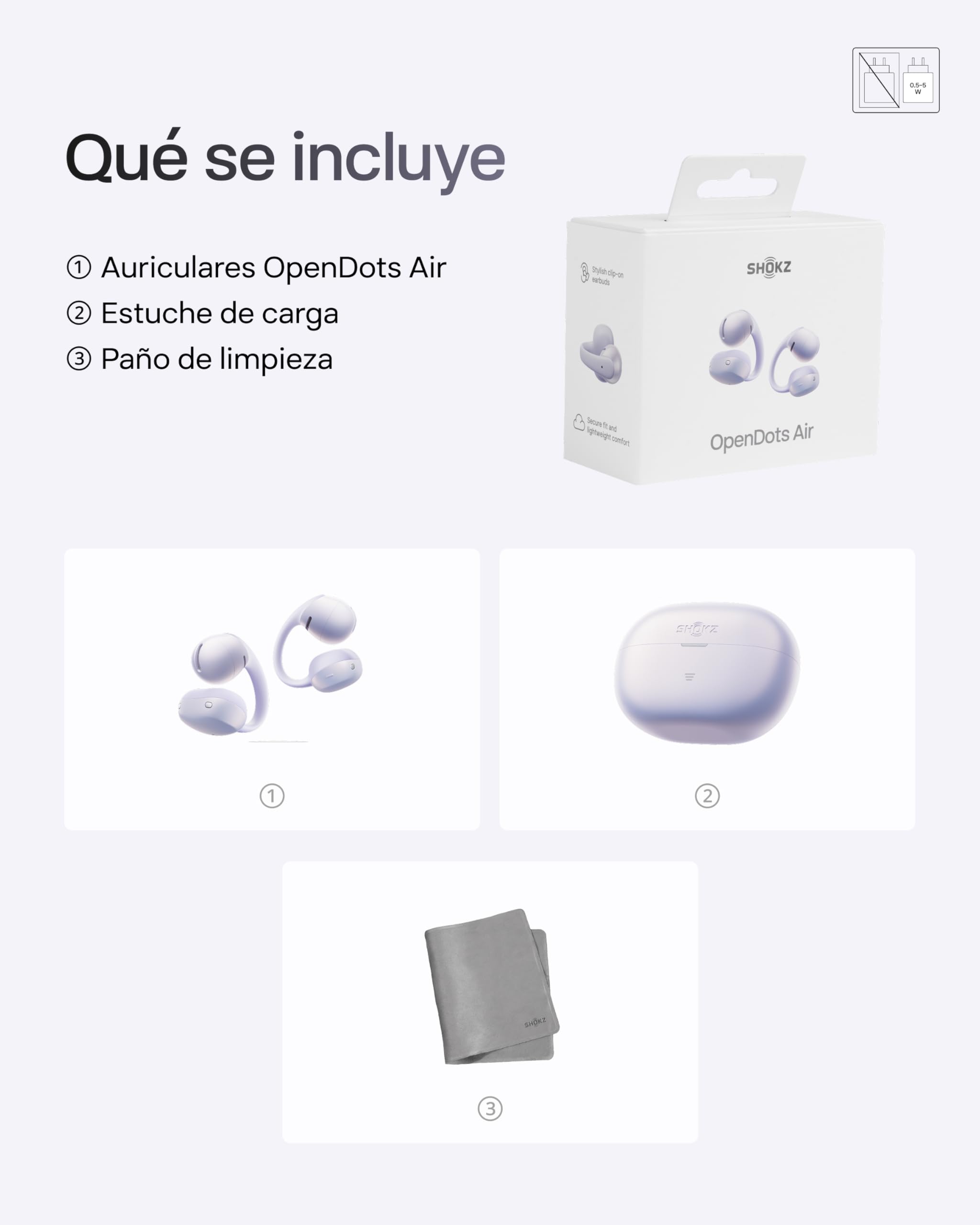 SHOKZ Auriculares Open-Ear Clip-on OpenDots Air, Ligero de 6,3 g, Morado | con Graves Profundos | 36 h de batería | Bluetooth 6.1 | reducción de Ruido con IA | Resistencia al Agua IP55 | Ajuste Seguro