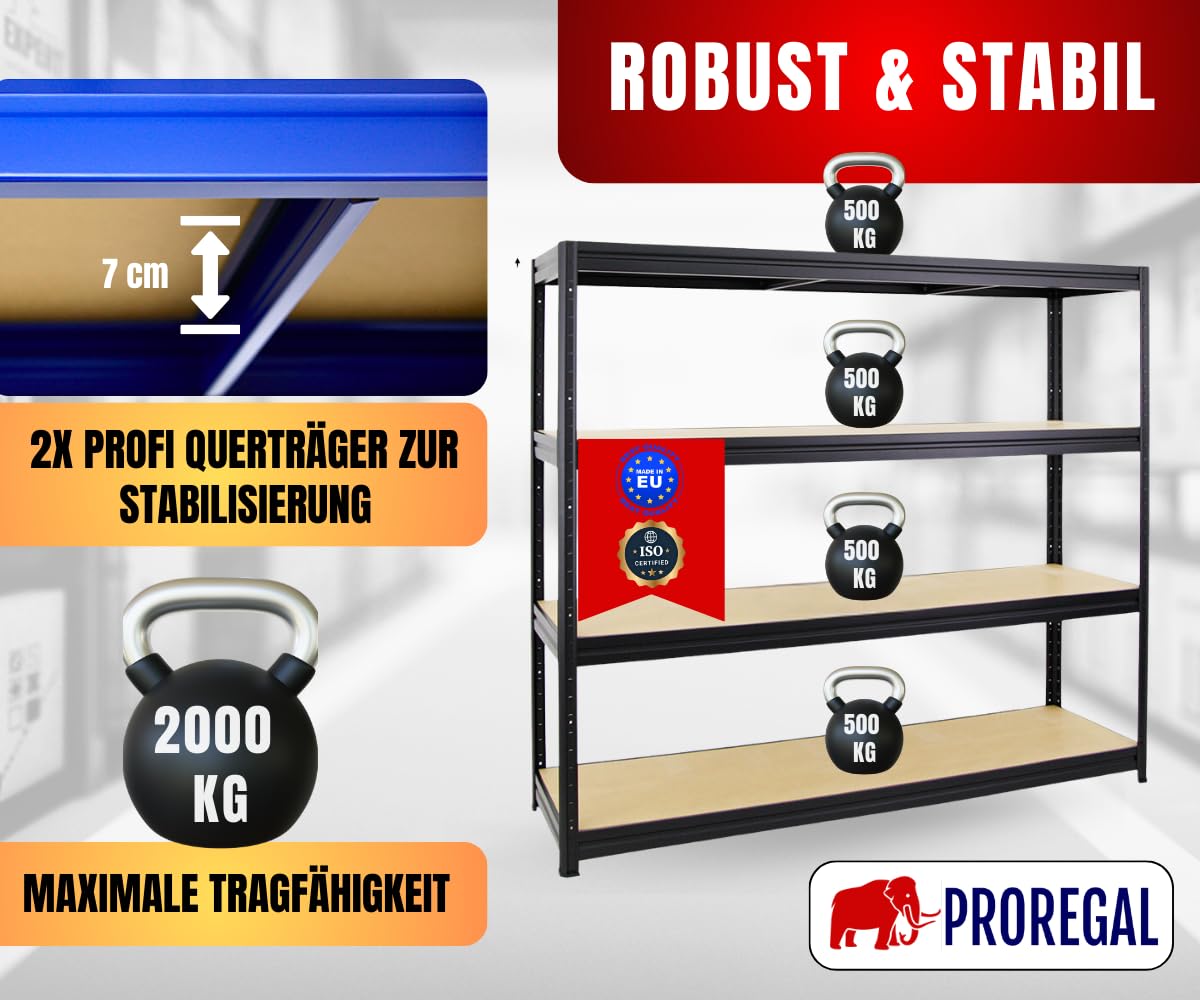 PROREGAL Schwerlastregal Dino Extra Breit 180x200x60 cm Fachlast 500kg Schwarz, Garagenregal, Lagerregal, Steckregal, Weitspannregal
