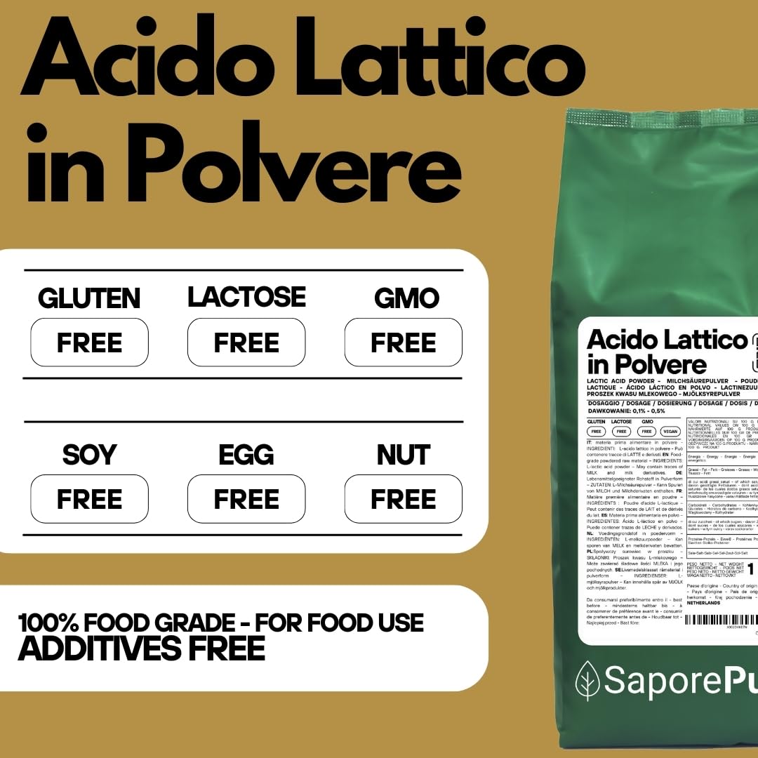 SaporePuro Acido Lattico in Polvere 1 kg – Qualità Alimentare Pura - Per Panificazione, Latticini, Bevande Fermentate e Uso Cosmetico