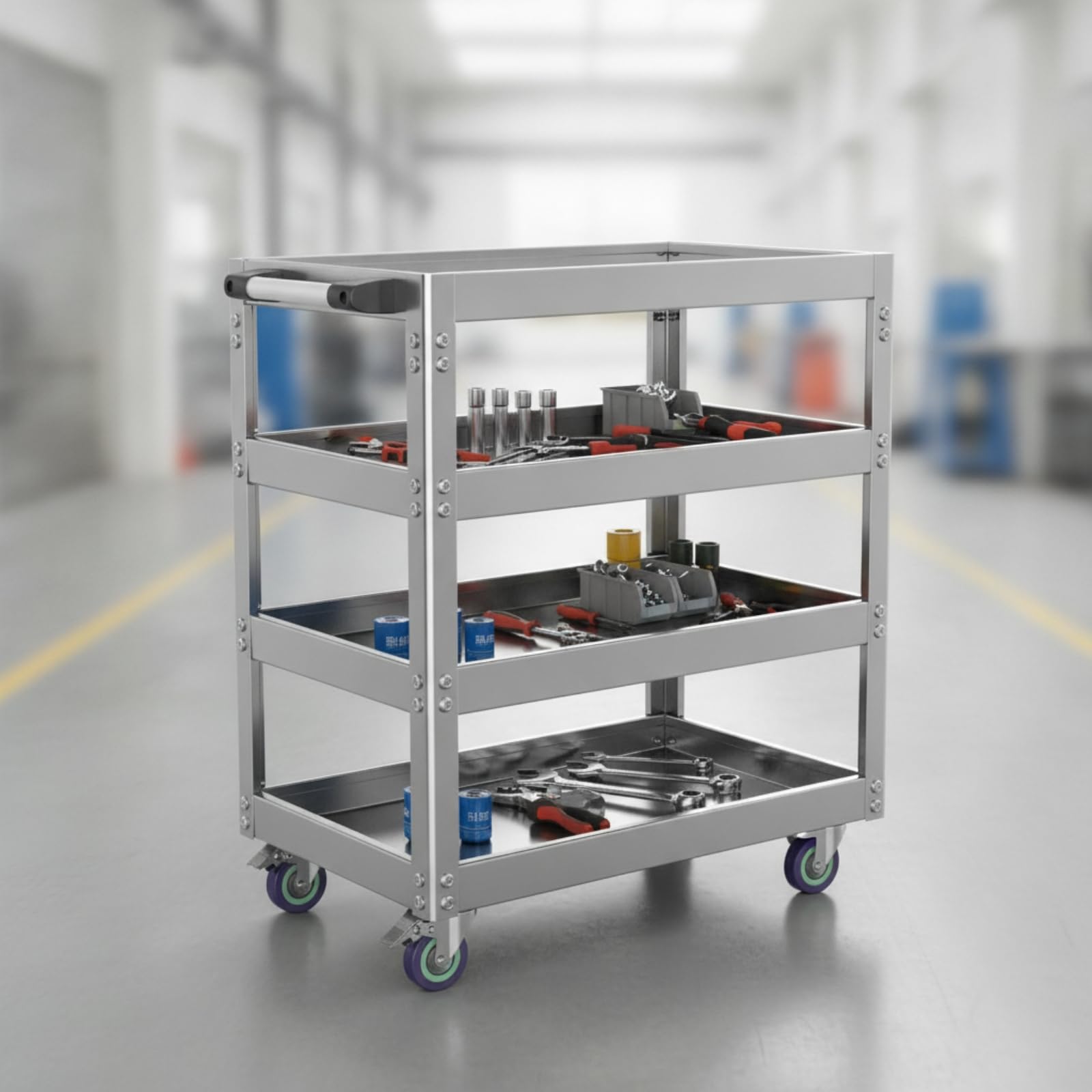 Carrello Portaelementi in Acciaio Inox con Ripiani a Vassoio E Telaio Rettangolare Aperto per Riporre Viti E Utensili in Officina Meccanica E Ambiente Artigianale, 80 48 90cm, style to 3