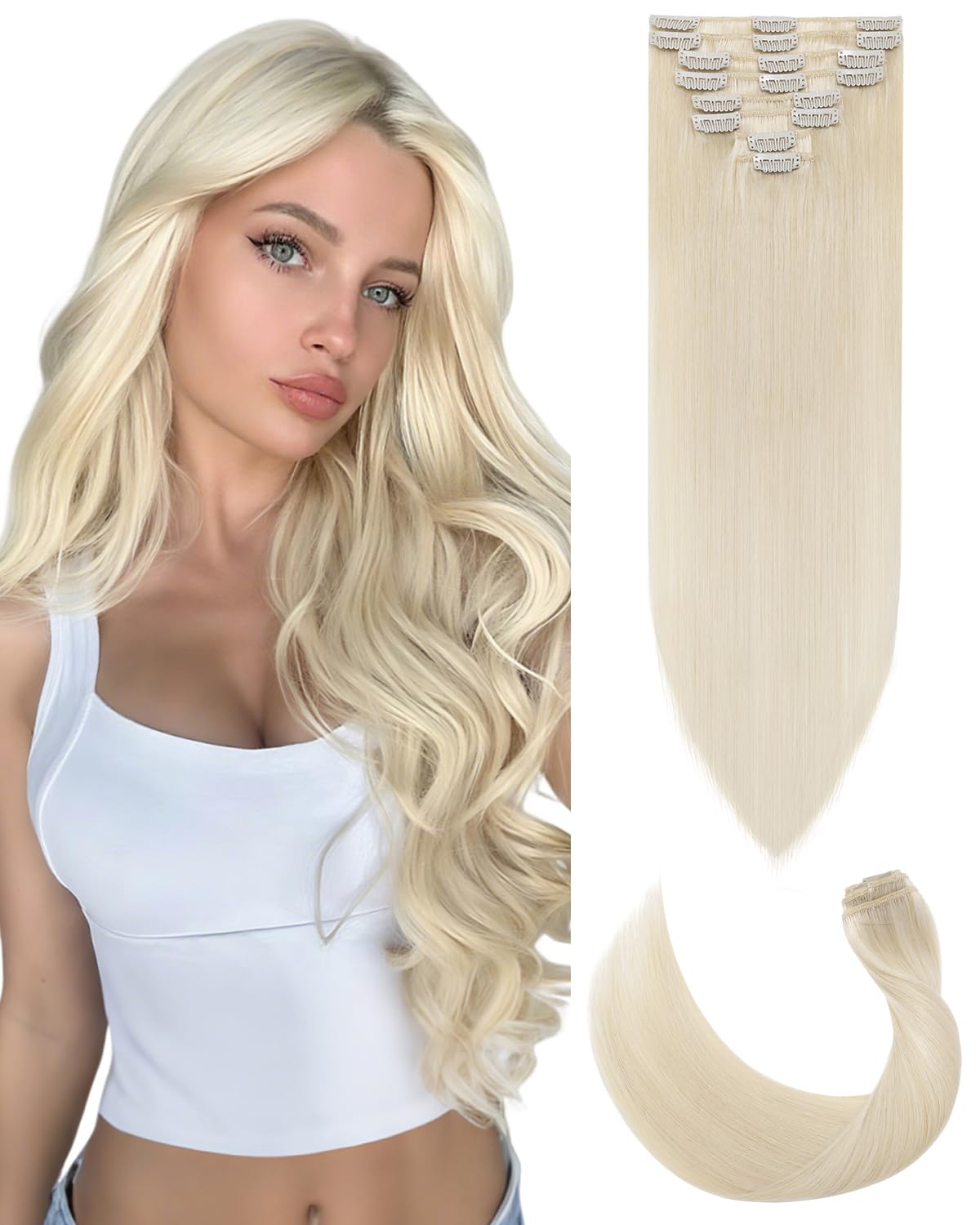 SLEEKALON Human Hair Extensions Clip in Real Hair Remy #60 Platinum Blonde - 14 Inch 60 Gram 8 Pcs Invisible Full Head Weft Straight