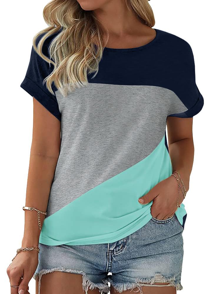 Fisoew Damen T-Shirt Rundhals Farbblock Kurzarm Shirt Casual Oberteil Sommer Locker Baumwolle Tee Tops