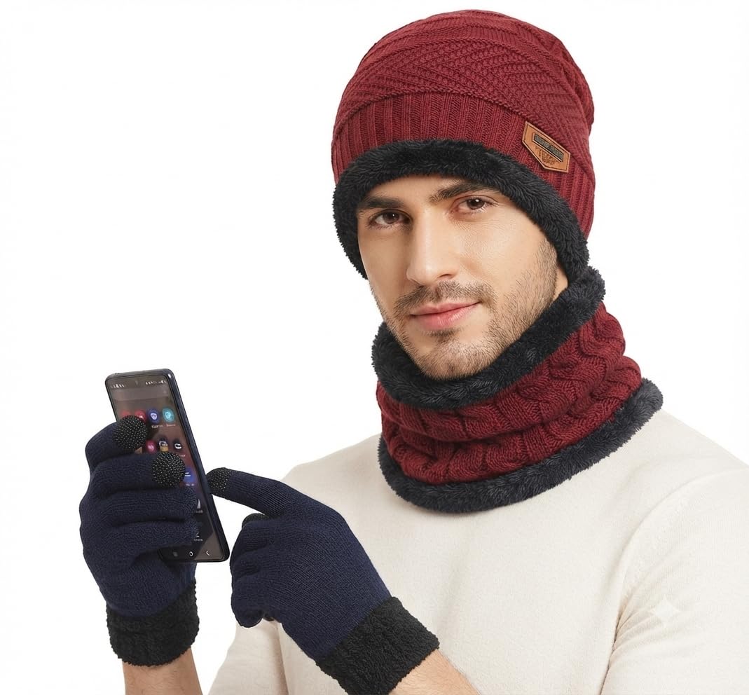 COMBO PACK Winter Woolen Cap, Fleece Neck Warmer & Touch Screen Gloves Combo Set for Men-image-32