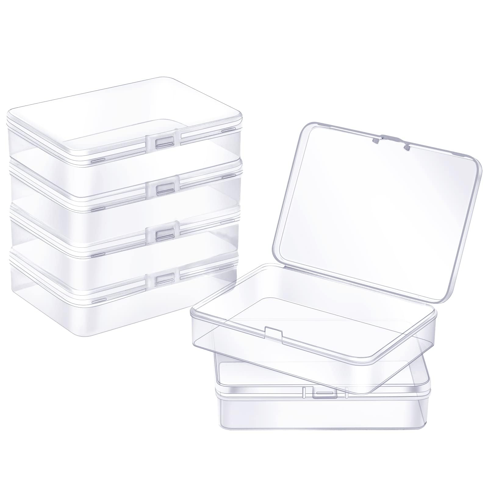 6 Pack Small Plastic Containers with Hinged Lids, Rectangle Clear Plastic Storage Boxes for Beads, Jewelry, Game Pieces and Crafts Items (4.5 x 3.3 x 1.1 Inch)