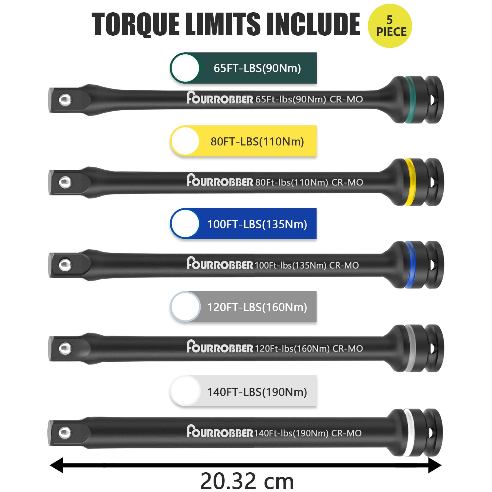1/2-Zoll-Antriebs-Drehmomentbegrenzungsverlängerungsstangen-Set, 5-teiliges Radmutter-Drehmomentstift-Set mit farbcodierten 90-190 NM Drehmomentstäben