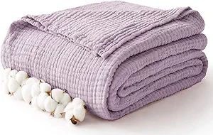 100% Cotton Muslin Blanket Twin XL 66" x 90", Breathable and Cooling Bed Blankets, Soft Boho Coverlet Bedspread, Gauze Bedding for Adults All Season, Purple, Lavender