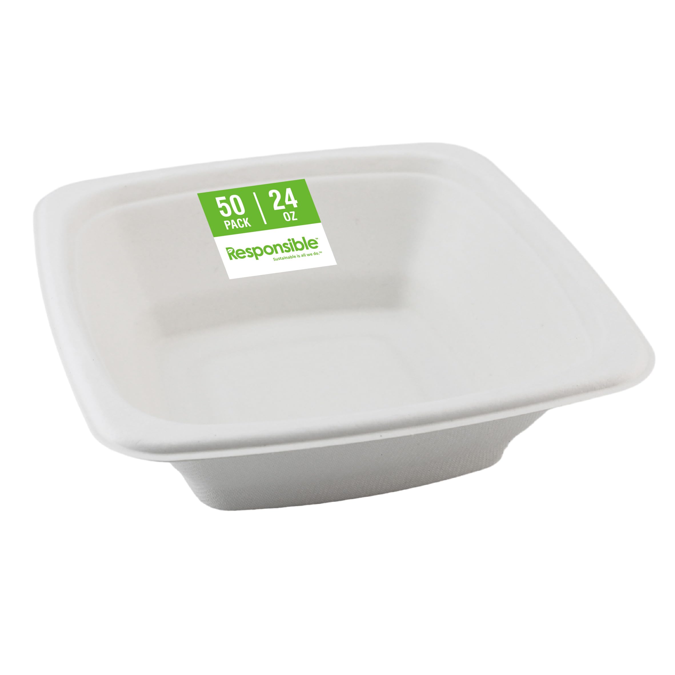 Responsible Products 100% Compostable Square Serving Bowls, 24 oz Disposable Paper Bowls, Microwave Safe, Freezer Safe, Soup Safe, No Plastic,