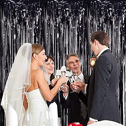 Image of TONIFUL 3Pcs Black Door Streamers,Black Photo Booth Backdrop Metallic Streamers Foil Fringe Curtains for Halloween,Birthday,Christmas,New Year,Bachelorette,Graduation Party Decor(9.9ft x 8.2ft)