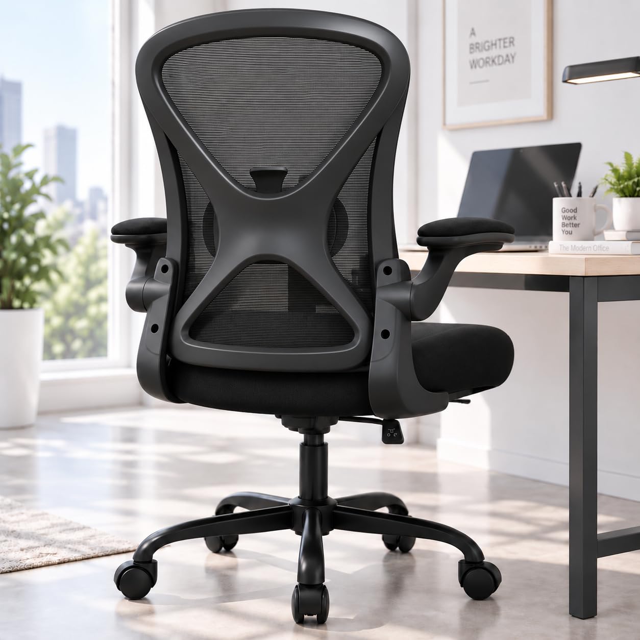 Ergonomic Office Chair with 90° Flip-up Armrests and Adjustable Lumbar Support, Mid-Back Breathable Mesh Home Office Chair with 3.15” Thick Seat Cushion, 300lbs Weight Capacity, 1PC, Black Black 1