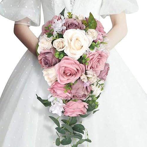 Miniatura 1 de Ramos de boda para novia, raíz de loto de 8.7 pulgadas, flores de rosas rosas, gotas de agua, ramo de lanzamiento artificial, para boda, al aire