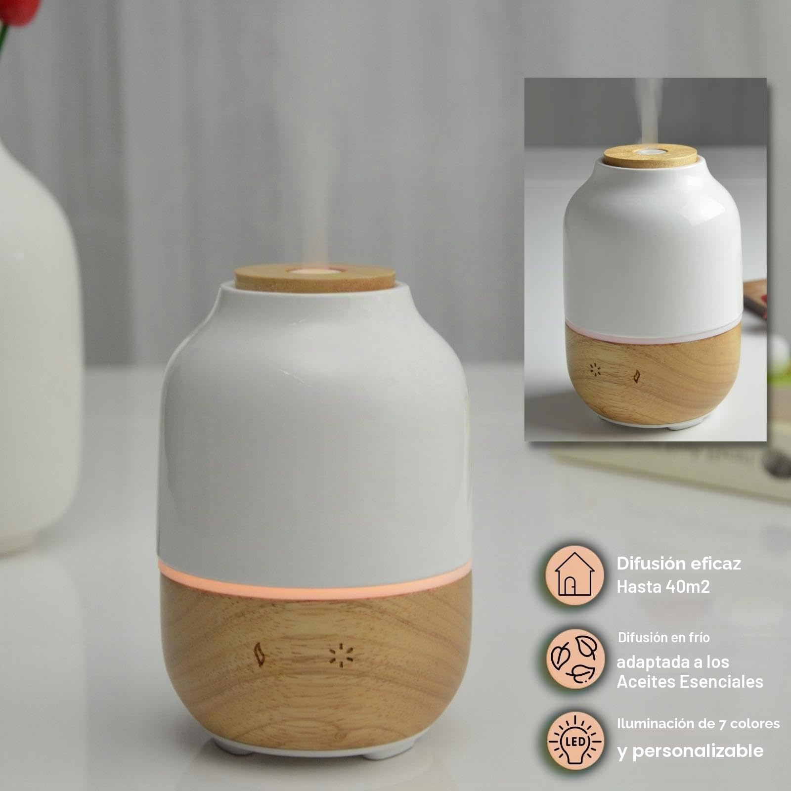 Zen'Arôme - Difusor ultrasónico de aceites esenciales Purisia (hasta 40 m²) - Difusión en frío para aromaterapia - Modo continuo o alternado - Iluminación multifunción - Cerámica y madera