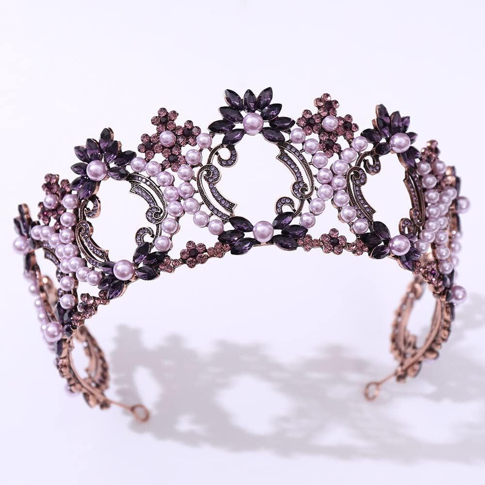 Diamentowa Tiara Brązowa Czarny Fioletowy Kryształowe Perły Okrągłe Diadem Dla Nowożeńców Korona Rhinestone Diadem Panny Młodej Opaski Ślubne Akcesoria Do Włosów