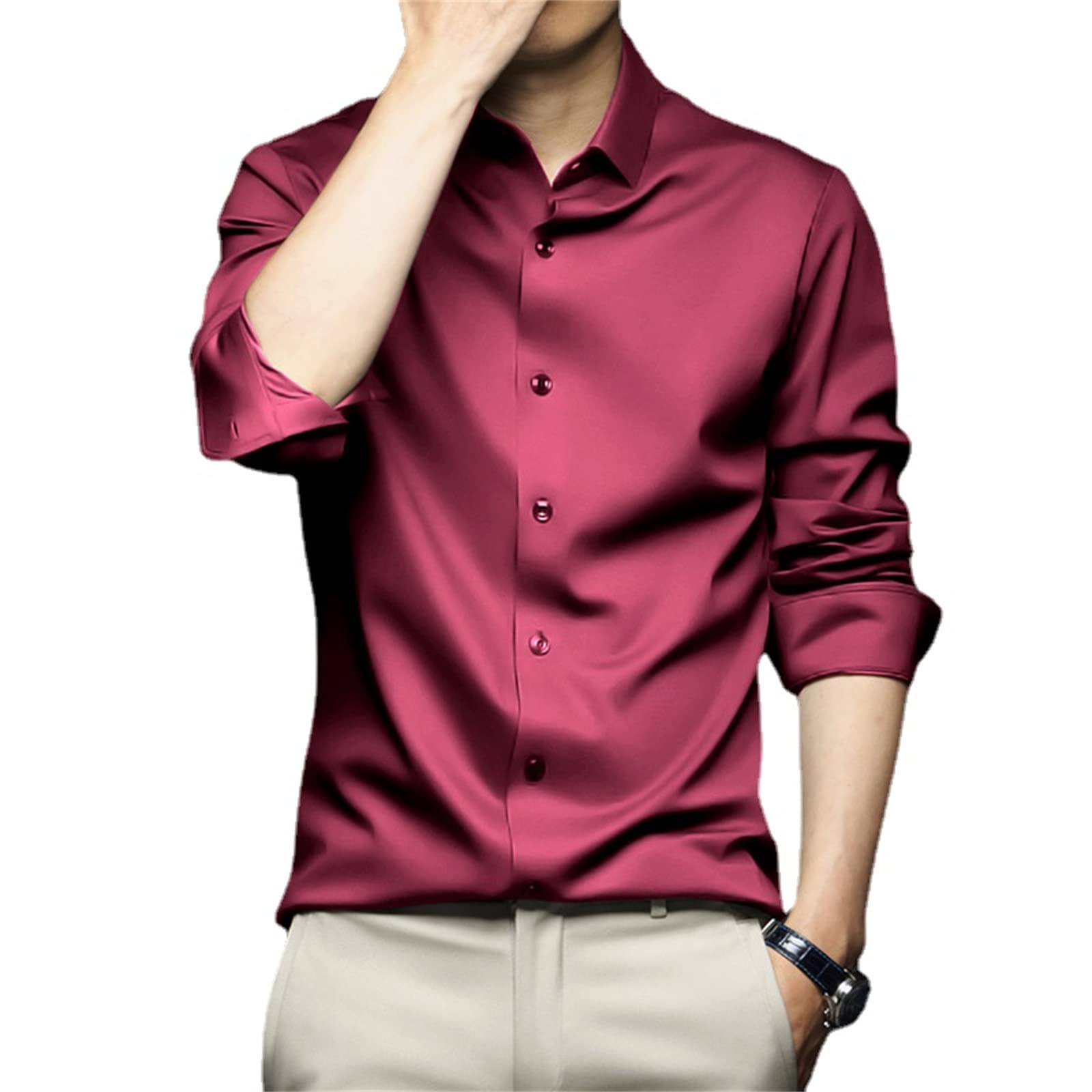 MAOAEAD Camisas elásticas para hombre, resistentes a las arrugas, acogedoras, sedosas, de manga larga, clásicas, ajustadas, no necesitan planchado, para negocios, formales