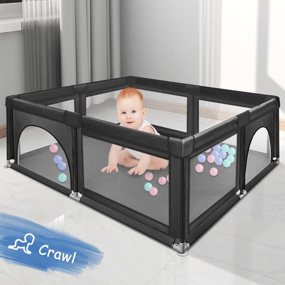 XANNI Parc Bébé, Parc pour Bébé avec 50 Balles, avec 2 Porte à Fermeture Éclair Ronde, Large Parc Enfant pour Intérieur et Extérieur, 120 * 120 cm