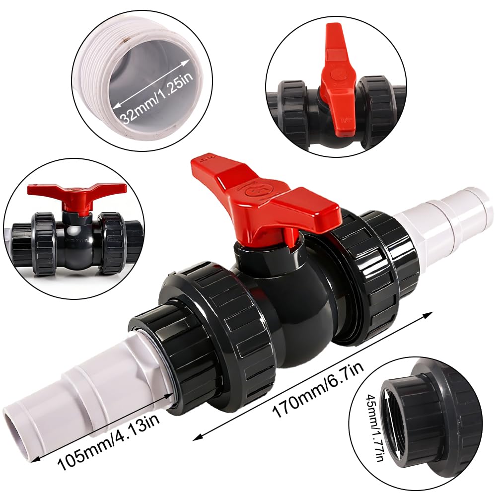 Robinet à boisseau sphérique de 50 mm avec raccord de tuyau – Kit robinet d'arrêt de piscine en PVC | Comprend 1 robinet d'arrêt 1 1/2", 2 raccords de tuyau de piscine 32-38 mm, 4 colliers de serrage