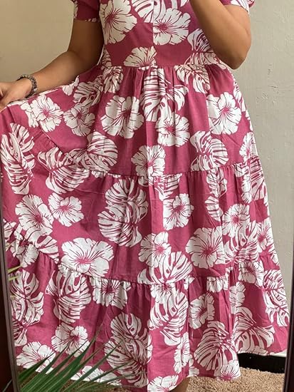 Image of Women's Floral Printed Tiered Midi Dress, Puff Sleeves, Square Neck, Button-Front