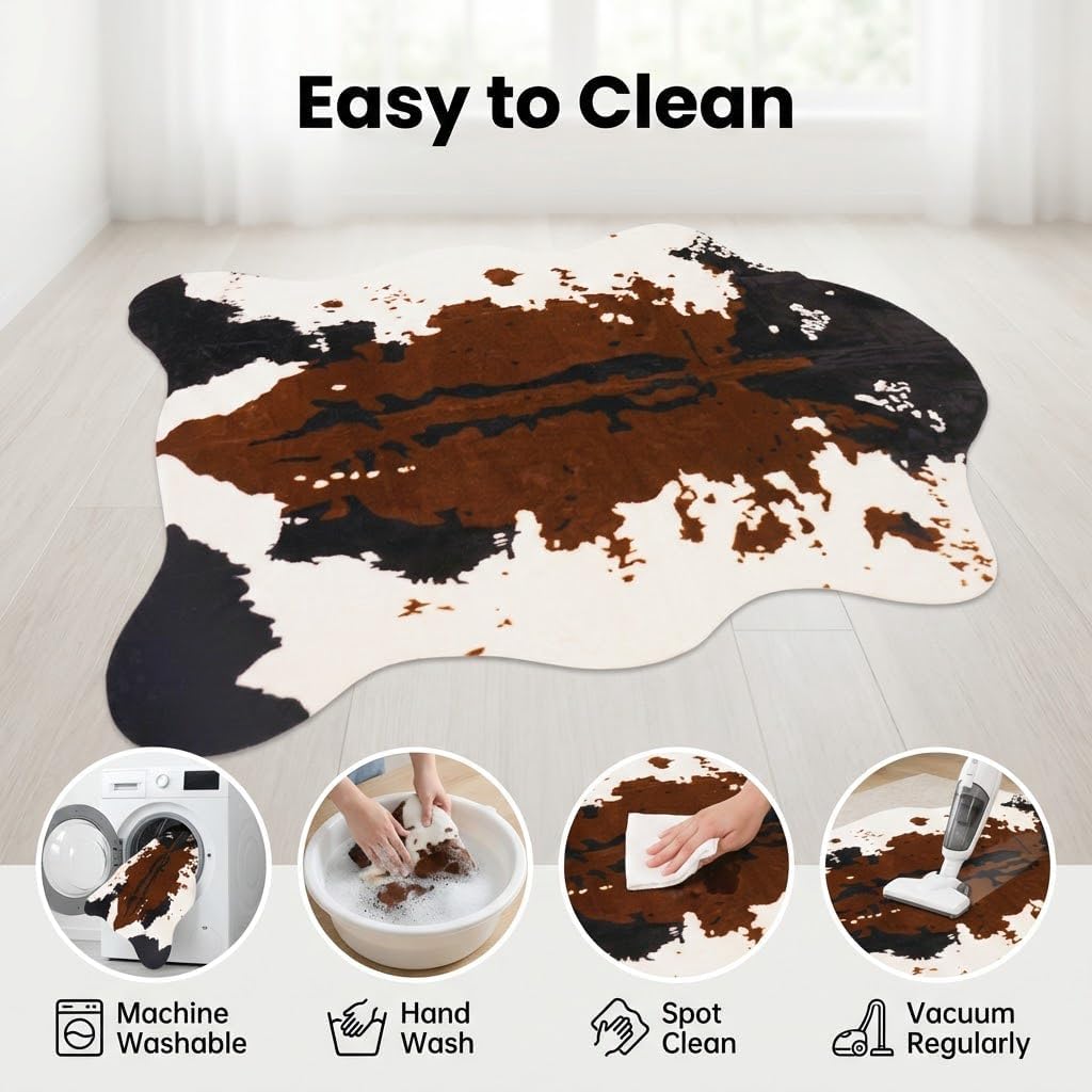 Cow Print Area Rug Faux Cowhide Rug Tri-Color Cow Rug for Living Room,Western Room Farmhouse Bedroom Decor,Non-Slip 4'7" x 5'3"（140x160cm）