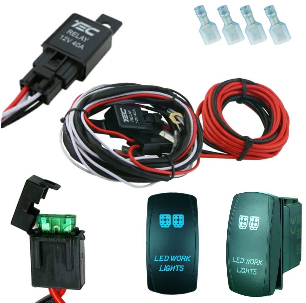 NO.1 LED POD Light Universal Wire Harness Controls 2 PODS 40 Amp Relay Illuminated Blue LED Work Light Rocker 16 FT of Wire for LED PODS Cubes UTV SUV SXS RZR XP1000 Ranger