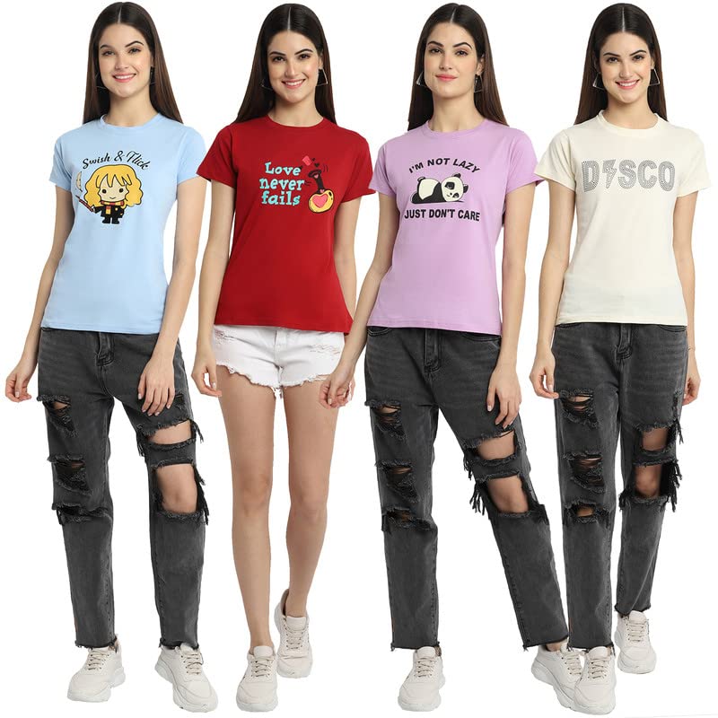 Image of Preneum Women's Cotton Regular Fit Graphic Stylish Printed Short Sleeves Casual T-Shirt |Trend & Styles