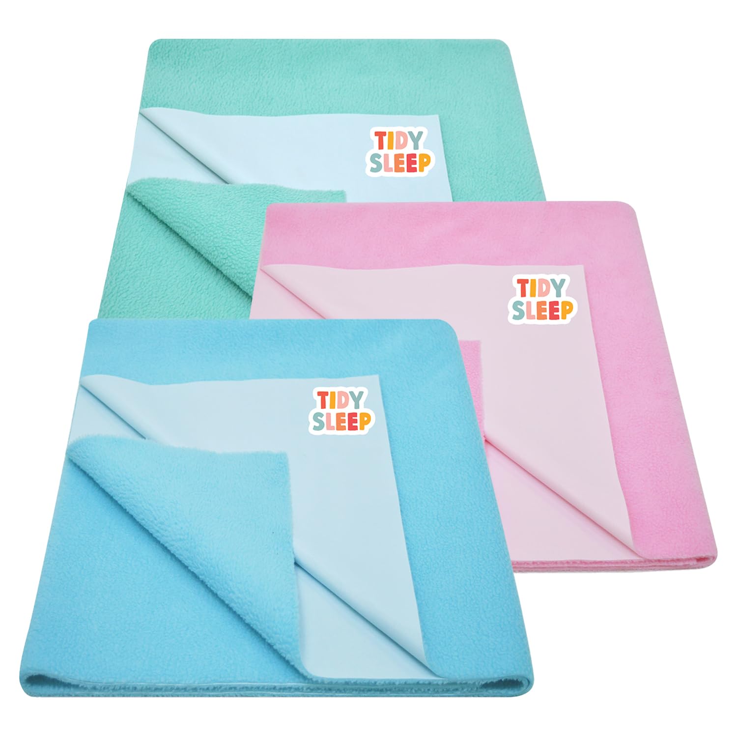 Tidy Sleep Instadry Anti-Piling Fleece Extra Absorbent Quick Dry Sheet for New Born Babies, Cotton Bed Protector Mattress Pack of 3 MGreen-Pink-SBlue Medium (100x70) cm